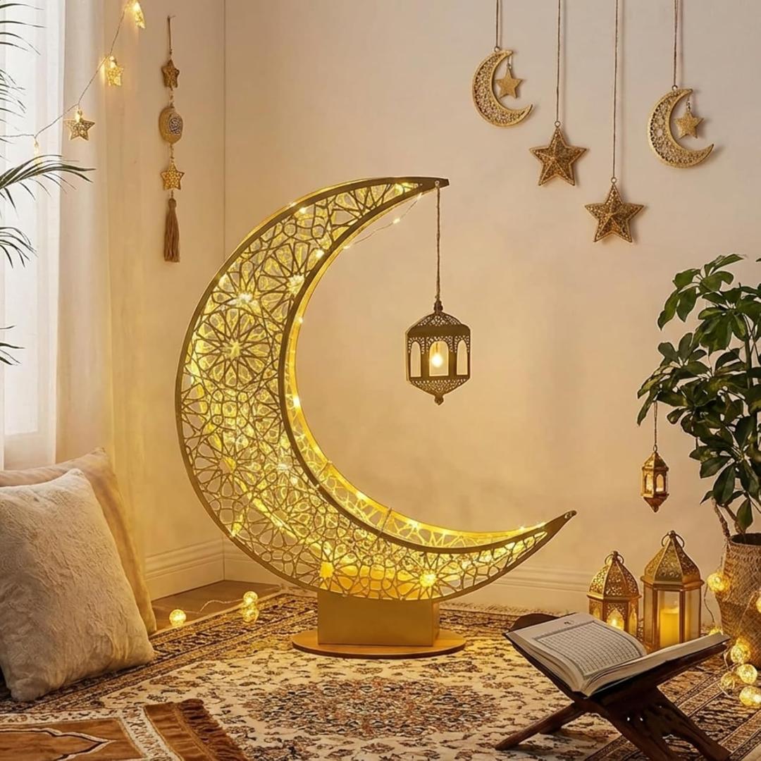 3ft Large Metal Ramadan Decorations Islamic Crescent Moon Decor with Lantern Eid Mubarak Kareem LED Light Decor Islamic Table Centerpieces Gift for Muslims in Ramadan Eid(Gold)