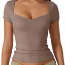 QINSEN Womens Sweetheart Neck Short Sleeve T Shirts Slim Fit Basic Tee Trendy Crop Top (Large, Mushroom)