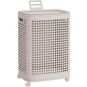 SONGMICS Laundry Hamper with Wheels, Plastic Laundry Basket, 19.8 Gallons (75 L), Slim Storage Basket, for Bathroom, Bedroom, Cappuccino Beige URLH020L101