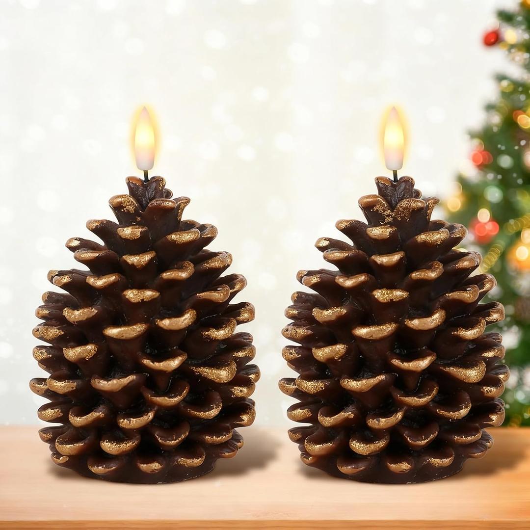 DRomance Flameless Pinecone Candles Battery Operated with 6 Hour Timer Set of 2 Real Brown Wax 3D Wick LED Flickering Pillar Candles Christmas Holiday Decor(Gold, 3.5 x 6 Inch)