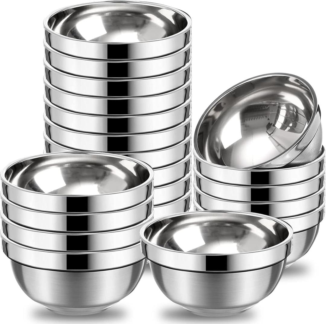 Eccliy 20 Pack Stainless Steel Bowls Set, 17 oz Double Walled Insulated Metal Bowl Bulk for Rice Soup Ice Cream Snacks Salad Cereal Sauces Serving, Easy to Clean, Stackable, 5.1 x 2.6 Inch