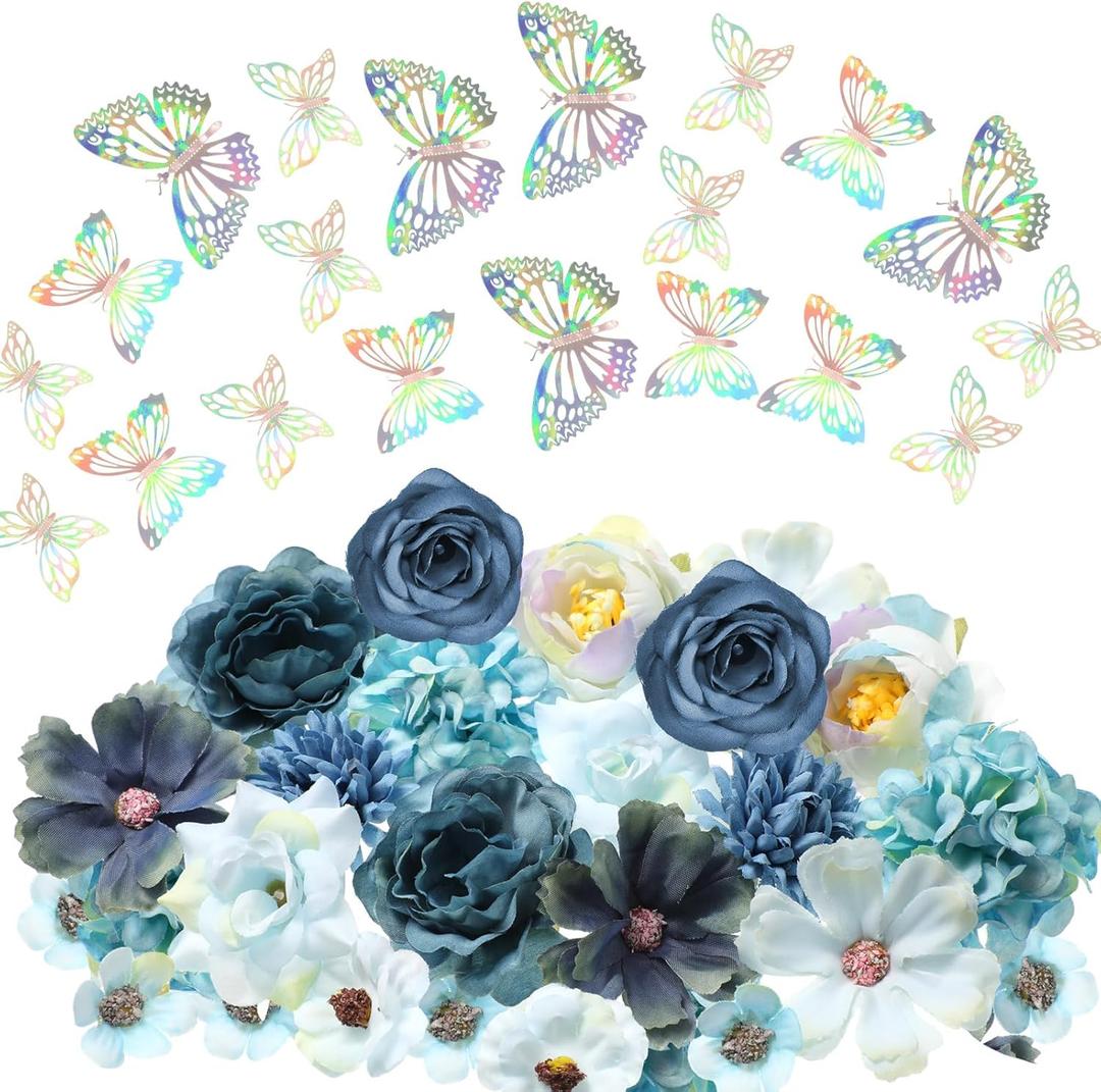 Canlierr 32 Pcs DIY Graduation Cap Decorations Accessory Kit Include Faux Flower Heads 3D Butterfly Grad Cap Decorations(Blue Tone)