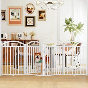 Folding No-Assembly Freestanding Dog Gate with Door,32" Heights Foldable Pet Fence,96" Extra Wide Accordion Puppy Folding Playpen for Doorways,House,Stairs (4 Panels,White)