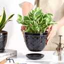 Sureasy Ceramic Indoor Plant Pots - 5.6 Inch Flower Pots for Plants with Drainage Hole and Saucer, Embossed Planter for Succulents, Orchid, Cactus, Indoor Home Decor, Set of 4, Black