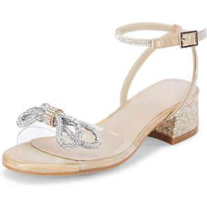 Coutgo Girls Rhinestone Sandals Low Chunky Heels Bow Open Toe Glitter Dress Shoes for Toddler Little Big Kid, Size: 2 Little Kid