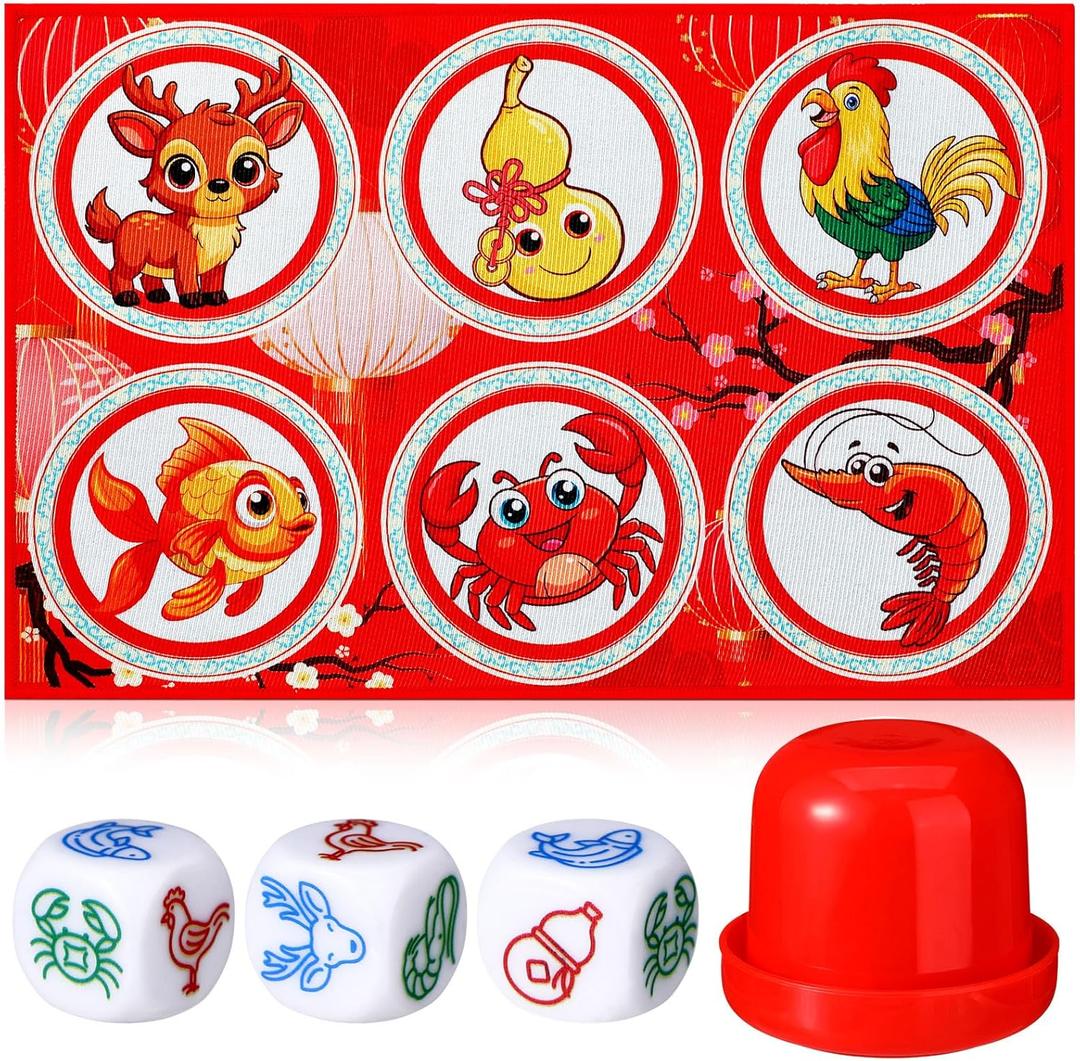 Adult BAU Cua Dice Game Set Gourd Fish Shrimp Crab Dice with Mat Shaker Vietnamese BAU Cua Ca Cop Game for Adult Lunar New Year, Gatherings, Celebrations(Classic)