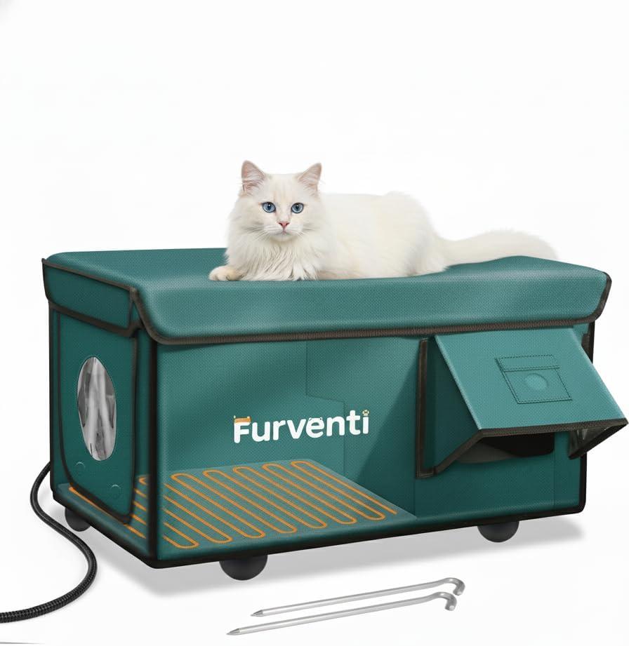 Heated Cat House for Outside with Dual Doors, Insulated Cat House Outdoor with Heating Pad, Weatherproof Heated Outdoor Cats Houses Weatherproof for Feral Cats (Deep Green, 25.5" L x 16" W x 13" H)