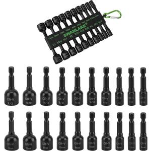 20-Piece Magnetic Nut Driver Set, Metric & SAE 1/4" Hex Shank, Drill Socket Set, Impact Driver Bit Set, Magnetic Bit Holder with Aluminum Alloy Snap Clip, Quick Change Tool
