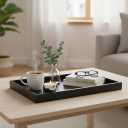 35 x 18 inches High-End Light Luxury Leather Rectangle Oversized Service Tray for Ottoman Tray, Coffee, Food, Family Dinner, Picnic, Party Essentials (Black, 35 x 18 inch)