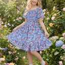 Cubear Ruffle Sleeve Dress for Girls Floral Short-Sleeves Smocked A-Line Dresses Kids Midi Casual Summer Spring Sundress (Blue)