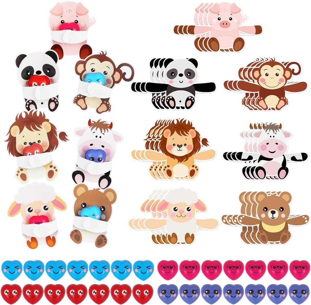 2 x 28 Pack Huggable Animal Valentine Cards + Heart Squishy Stress Balls - Interactive Valentine Exchange Cards with Slow Rebound Fidget Toys, Perfect Valentine Party Favors & Classroom Prizes