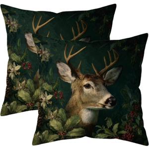 Vintage Christmas Set of 2 Deer Throw Pillow Covers 20x20Inch Dark Forest Retro Elk Art Animals Double Sided Print Winter Xmas Mistletoe Decor Cushion Cases for Sofa Couch (Wl-dp-wc-dark)