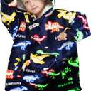REXEO Wearable Blanket Hoodie for Kids Fleece Sweatshirt Blanket Dinosaur Gifts for Boys Girls Flannel Hooded Blanket with Pocket and Sleeves for Kids (Kids 2-5YR)