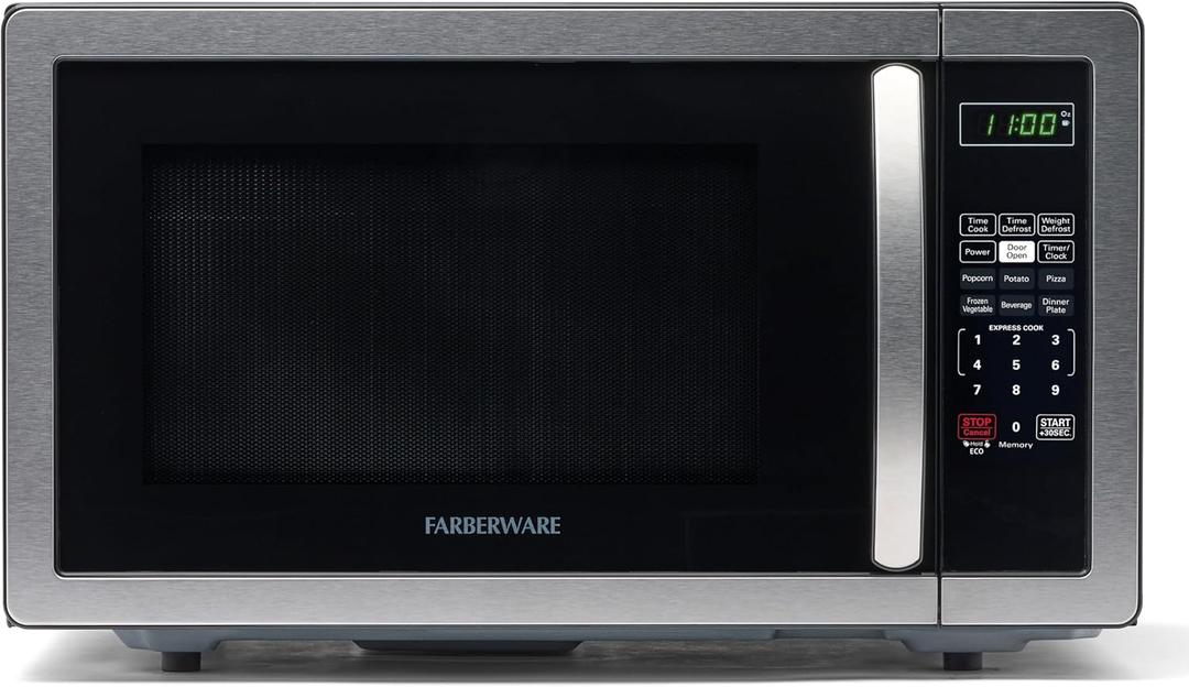 Farberware 1.1 Cu. Ft. Countertop Microwave Oven 1000 Watts Power, Auto Cook Settings, Defrost, Easy Clean and Child Safety Lock - Stainless