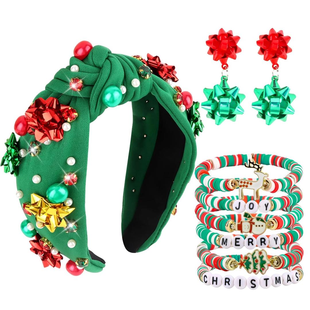 Semato 9 Pcs Christmas Accessories with Green Star Christmas Headbands & Earrings and Bracelets for Women New Year Xmas Gifts