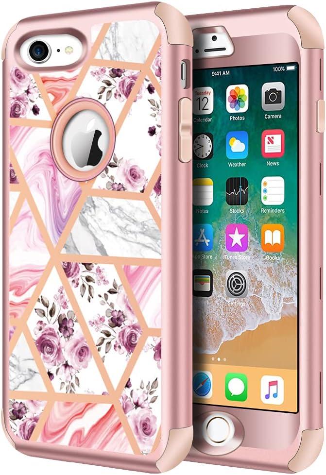 Hython Designed for iPhone 8/7 Case, Heavy Duty Full-Body Defender Protective Case Bling Glitter Sparkle Hard Shell Hybrid Shockproof Rubber Bumper Cover, Flower and Marble