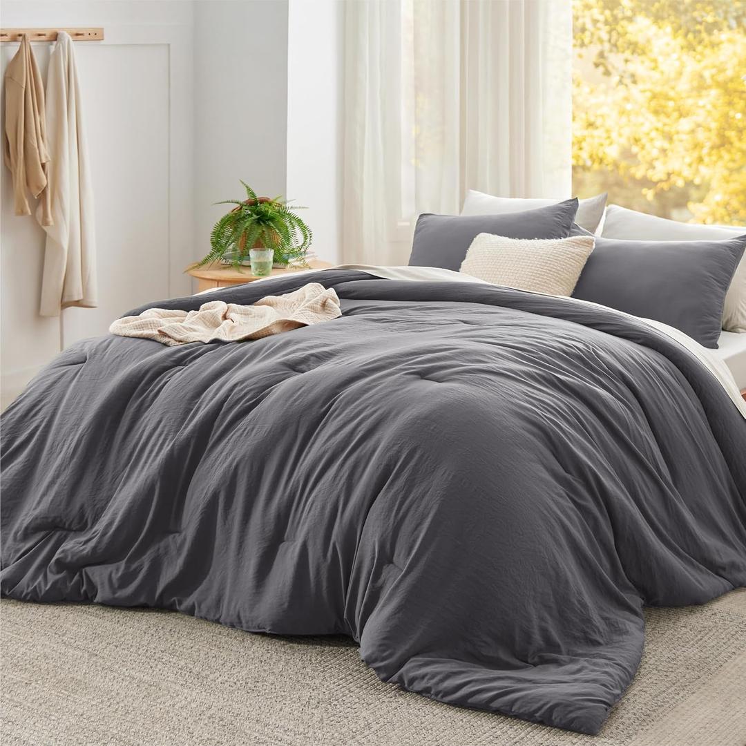 Bedsure Super King Plus Comforter Set, Dark Grey Soft Prewashed Bedding for All Seasons, 3 Pieces GentleSoft Bed Set, 1 Lightweight Comforter (128"x120") and 2 Pillowcases (20"x36")