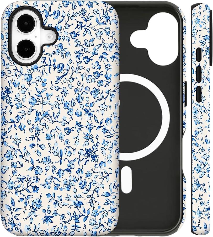 Magnetic for iPhone 16 Case Cute Floral Flowers Phone Case, Shockproof Slim TPU and Hard PC Protective Phone Cover Compatible with MagSafe Designed for Women Girls, Blue