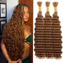 Brown Human Braiding Hair for Boho Braids 20 Inch 120g 3 Bundles Deep Wave Boho Hair for Braiding Brown 100% Human Hair Bulk for Black Women #30