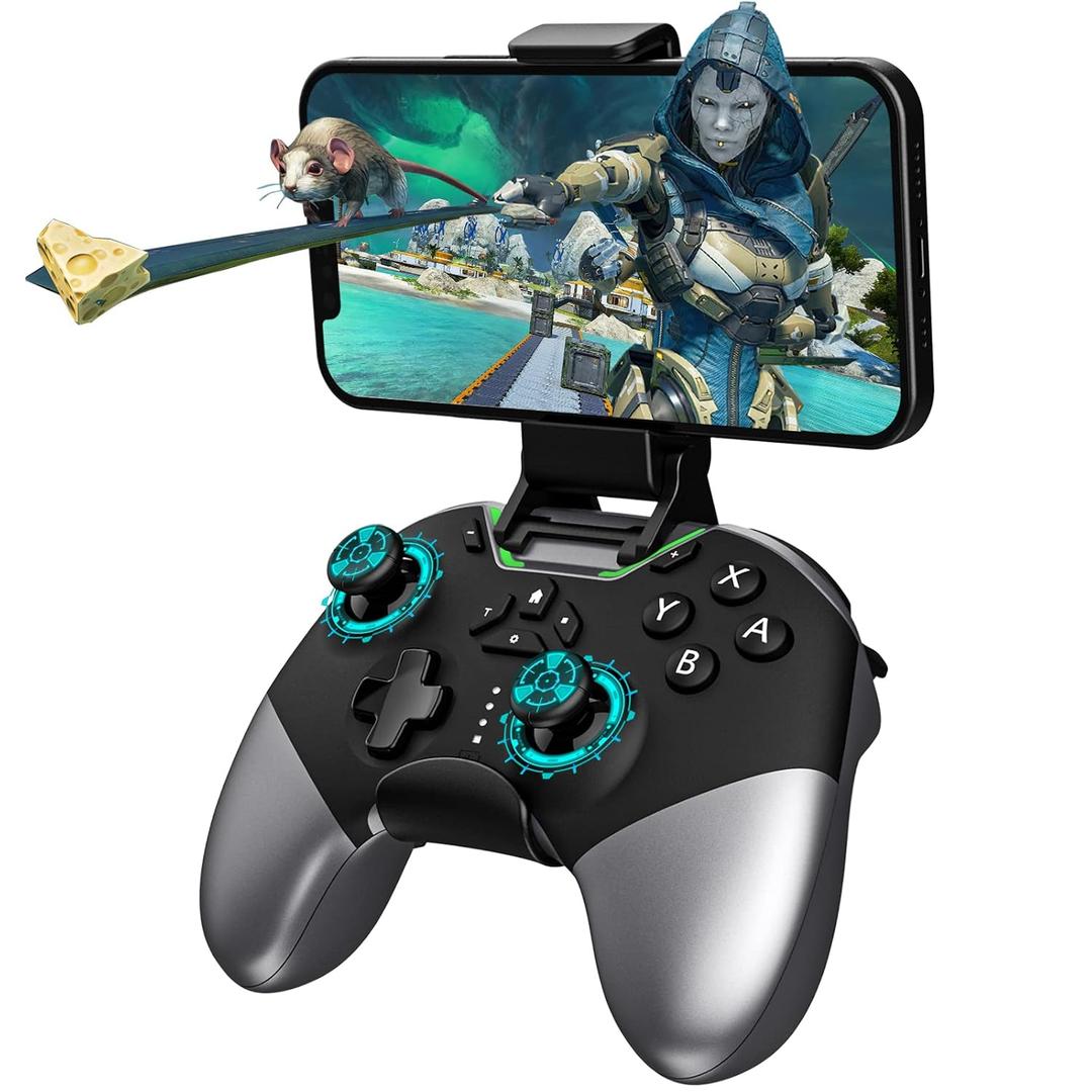 Bluetooth Controller for Switch/PC/iPhone/Android/Apple Arcade MFi Games/TV/Steam, Hall Effect Joysticks Wireless Game Controller Gamepad with/Phone Clip/Lock Speed/Macro/6-Axis Gyro/Dual Motors/Turbo