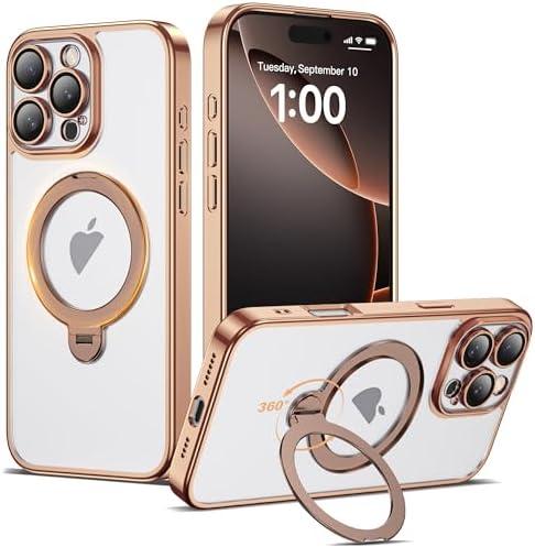 AmoraAqua Compatible with iPhone 14 Pro Max Case with 360° Spin Magnetic Ring Stand [Compatible with Mag-Safe] Camera Lens Protector Plating Clear Phone Case for iPhone 14 Pro Max 6.9", Desert Gold