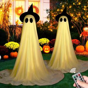 2Packs Halloween Decorations Outdoor, Cute Halloween Decorations Indoor, DIY Ghost Kit Decor with Witch Hat Remote Control String Lights, Spooky Ghost Scary Decor for Front Porch Yards Gardens Lawn