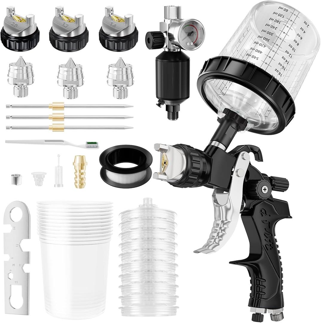 HVLP Air Spray Gun with 1.4/1.7/2mm Nozzles & Air Compressor Regulator, Air Spray Paint Gun w/10pcs 600cc Mixing Cup and Lids, Automotive Paint Sprayer for Car, House Painting, Furniture (Black)