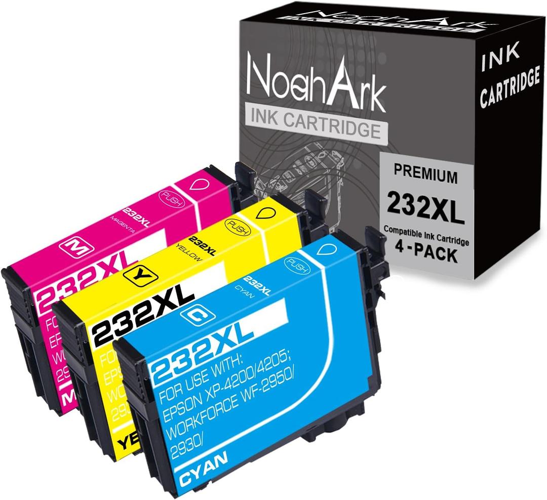 NoahArk 3 Packs 232XL Remanufactured Ink Cartridge Replacement for 232 232XL T232 T232XL High-Capacity Work for XP-4200 XP-4205 WF-2930 WF-2950 Printer (Cyan, Magenta, Yellow)