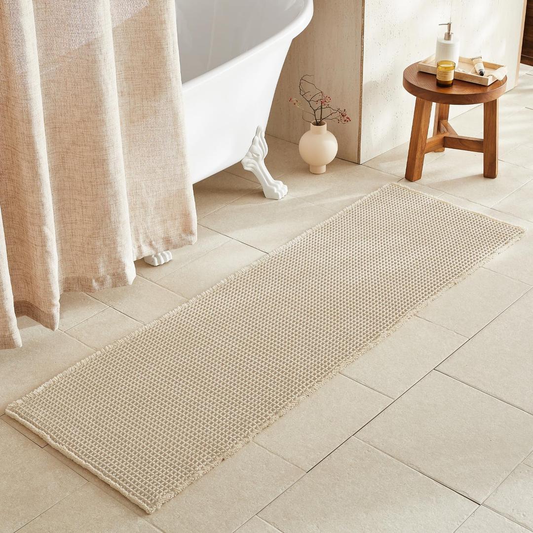 TYUU Pale Beige Long Bathroom Rug, Waffle Runner Rug Bathroom Non Slip Washable Super Absorbent Quick Dry Boho Farmhouse Bath Mat, 60''x24'' Pale Beige