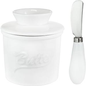 Ceramic Butter Crock with Lid & Spreader Knife, Butter Keeper - Ideal Butter Storage & Countertop Butter Dish, White