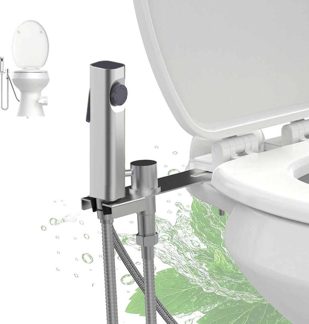 RV Bidet Sprayer with Stainless Steel Holster, Side-Mounted Handheld Bidet with Hose, RV Fitting, Shut-Off Handle, for Motorhomes, Travel Trailers & Campers Toilet (Chrome-SideMount)