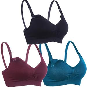  Womens Nursing Bra for Breastfeeding Seamless Clip Down Push Up Padded Maternity Bras 4-Pack, Color: Black+Gey Red, Large