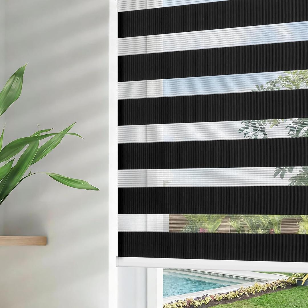 Joydeco Cordless Zebra Blinds for Windows, Dual Layer Free-Stop Zebra Shades Privacy Light Control for Day and Night, Light Filtering Sheer Blinds for Indoor Windows (Black, 34" W x 75" H)