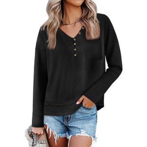 Tankaneo Womens V Neck Henley Shirts Casual Long Sleeve Flowy Tees Cute Loose Fit Tops with Pocket (Medium, Black)