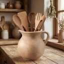 Potchen Rustic Kitchen Utensil Holder with Handle,7.48" H Ceramic Vintage Utensil Crock for Countertop, Farmhouse Kitchen Decoration Ceramic Pot for Spatulas Spoons Tongs(Classic,Antique Beige)