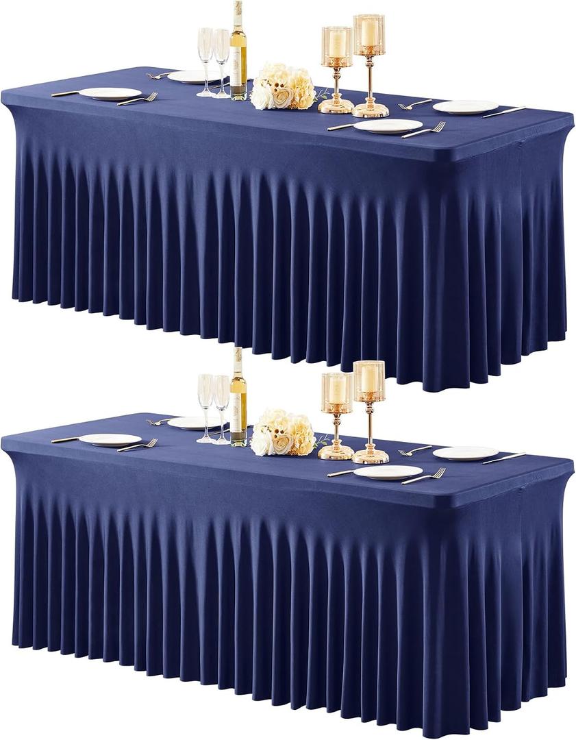 2 Packs Navy Blue Table Clothes for 8 Foot Rectangle Tables, One-Piece Wrinkle Resistant Stretch Spandex Table Covers with Table Skirt for Event Banquet Wedding Birthday Party