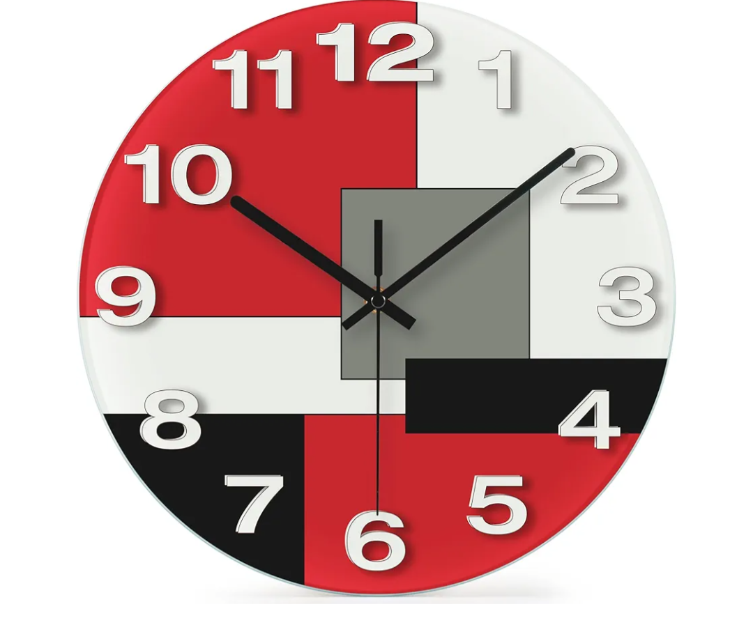 WISKALON Abstract Geometric Glass 12" Wall Clock in White, Grey, Red and Black - Battery Operated, Silent Non Ticking Quartz Clock for Home, Kitchen, Living Room, Bathroom, Bedroom, or Office Decor