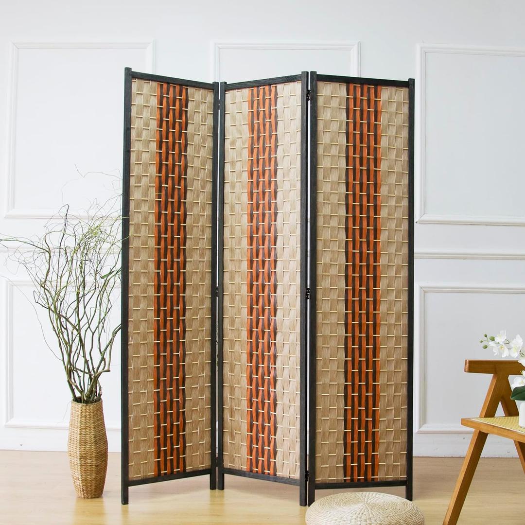 Furnnylane 3 Panel Rattan Room Divider, 5.9 ft Tall Double-Sided Blackout Folding Privacy Screen for Room Separation, with Beige and Orange Panels for Home & Office (70.9" H x 53.1" W)