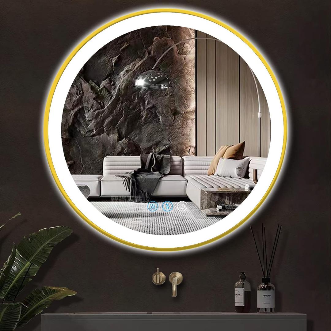 Gold Bathroom Round LED Mirror with Lights Gold Frame 20 Inch Round Lighted Mirror for Bathroom Wall Round Vanity Lighted Mirrors 3 Color Dimmable Anti Fog Bathroom Light up Smart Circle Mirror