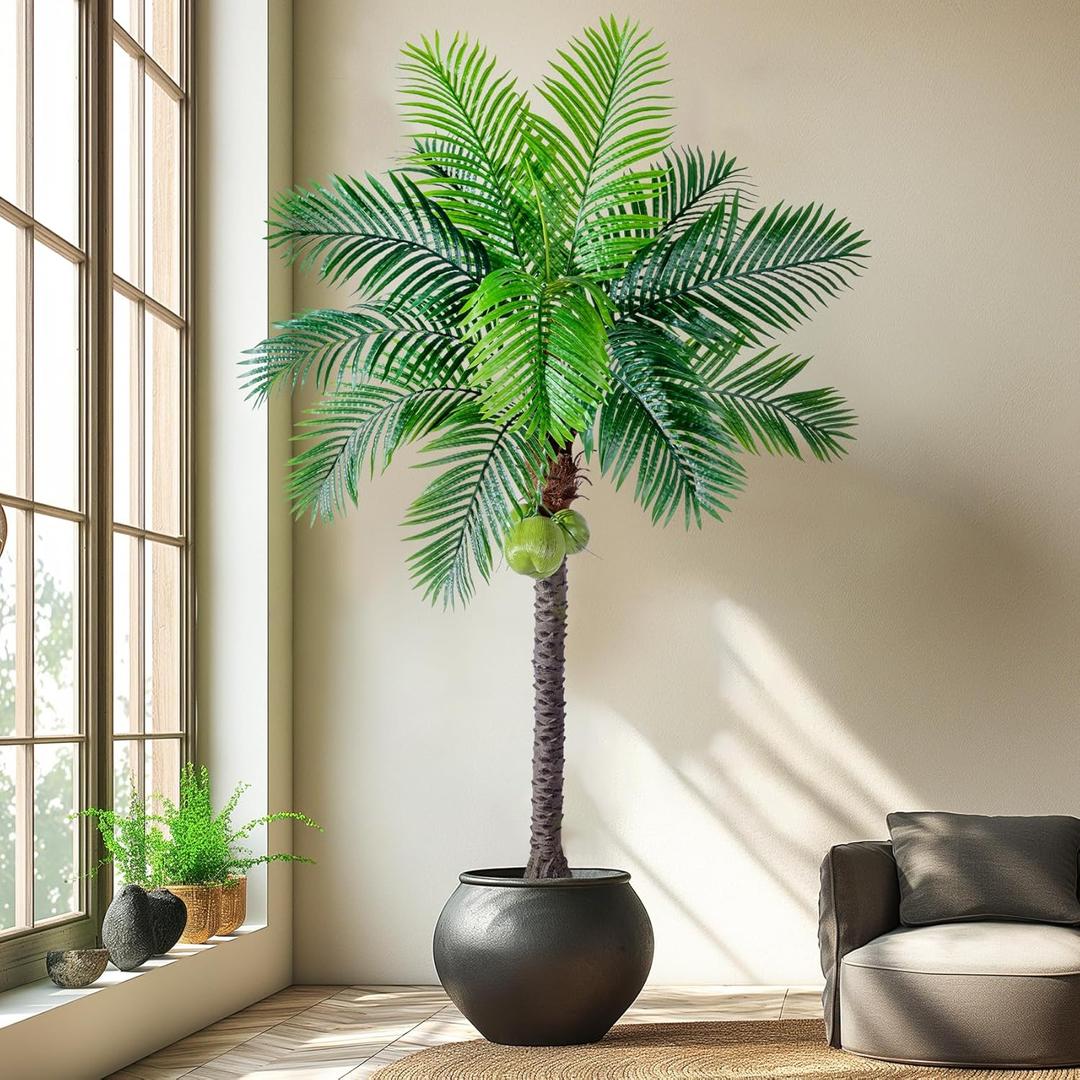 30-Year Factory Faux Coconut Tree - 7.2FT Faux Palm Tree Realistic Thick Trunk & Heavy Duty Leaves, Hand-Carved Bark Texture, Indoor Tropical Decor for Living Room/Store, No Shiny Plastic Look