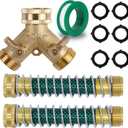 Triumpeek 3/4" Brass 2 Way Hose Splitter, Brass 2 Way Garden Hose Connector with 2 Pcs Garden Hose Coiled Spring Protectors and 6 Rubber Washers
