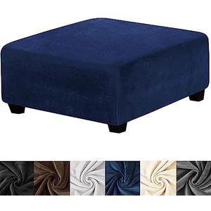 HFCNMY Stretch Velvet Ottoman Cover - Square Washable Slipcover With Elastic Bottom for Storage Footstool in Living Room, Blue, Large