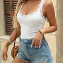 Lace Camisole Tank Tops for Women V Neck Wide Strap Soft Ribbed Lace Trim Cami (White, M)