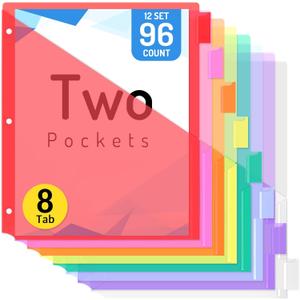 Forvencer 96 Count Dividers with Two Pockets, 8 tabs Binder Dividers for 3 Ring Binder Organizer, Multicolor, 12 Sets (Red)