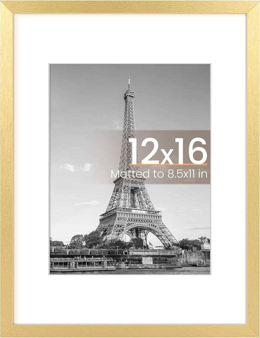 upsimples 12x16 Picture Frame, Display Pictures 8.5x11 with Mat or 12x16 Without Mat, Wall Hanging Photo Frame, Gold, 1 Pack