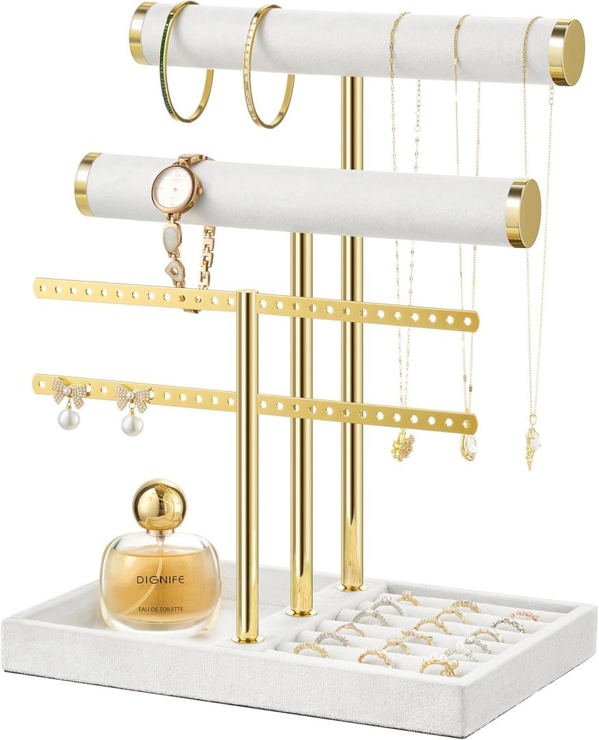 bussdis 3 Tier Bracelet Holder Display - Detachable T Bar White Velvet Bracelet Holder, Jewelry Holder Organizer for Bracelet, Necklace, Earrings, Rings (Large)