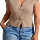 SOLY HUX Women's Plus Size Ribbed T Shirts V Neck Cap Sleeve Metal Button Knit Tee Going Out Tops (Pure Khaki), 
3X-Large Plus
