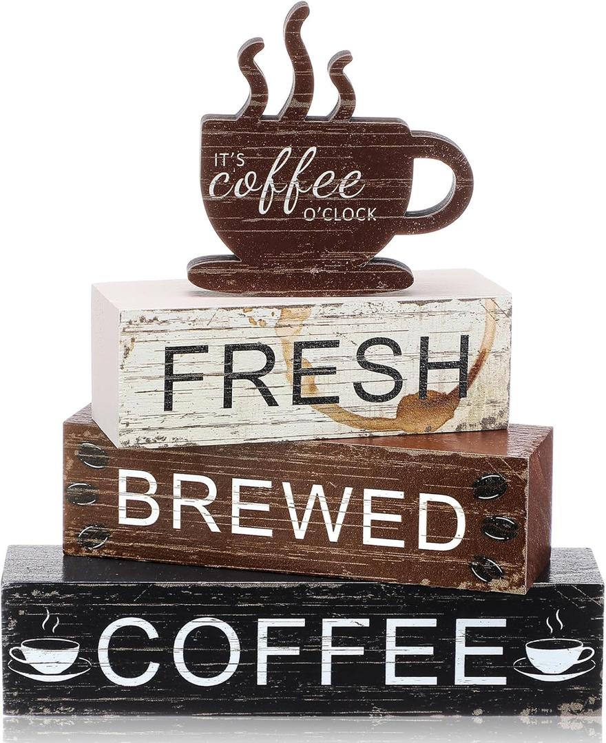 Geelin 4 Pcs Coffee Bar Decor Wood Blocks Mini Coffee Bar Wooden Signs Book Stacks Accessories Rustic Table Sign Farmhouse Tiered Tray Decor for Home Table