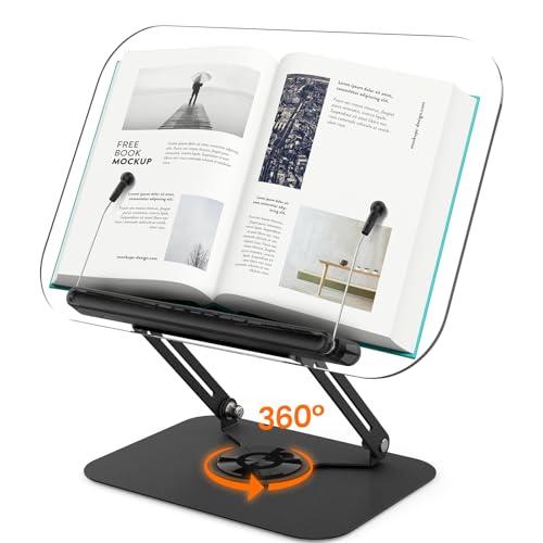 BYMECOST Acrylic Book Stand for Reading, Adjustable Book Holder with 360° Rotating Base & Elastic Page Clips, Foldable Desktop Riser Stand for Cookbook,Laptop,Tablet,Music Scores,Recipe,Textbook,Black