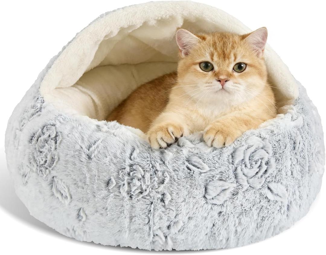 Calming Dog Beds & Cat Cave Bed with Hooded Cover, Removable Washable Round Beds for Small Medium Pets, Anti-Slip Faux Fur Fluffy Coved Bed for Improved Sleep, Fits up to 15/25 lbs(Rose, S) (20.00" X 20.00" X 8.00")